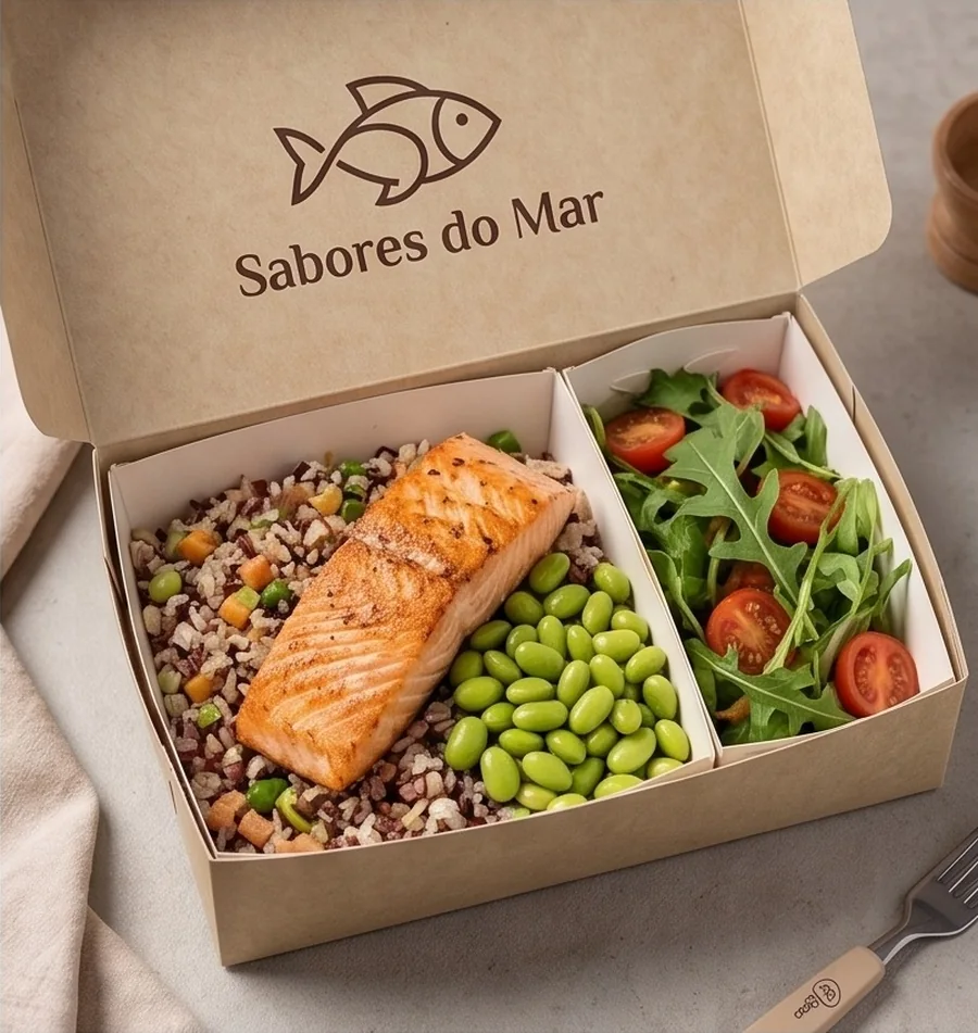 Box personalizada em papel kraft com a marca Sabores do Mar impressa por dentro da tampa, servindo salmão, arroz sete grãos, edamame e salada