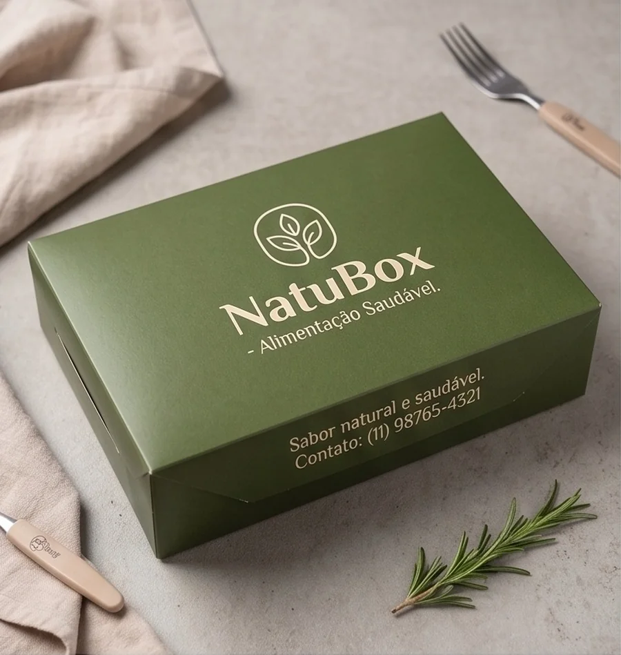 Box personalizada verde-oliva com a marca NatuBox, slogan Alimentação Saudável e telefone impressos na tampa