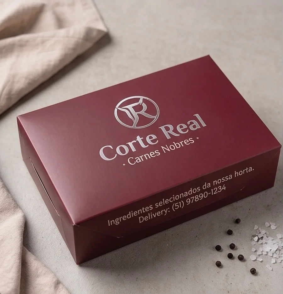 Box personalizada bordô com a marca Corte Real Carnes Nobres impressa em prata