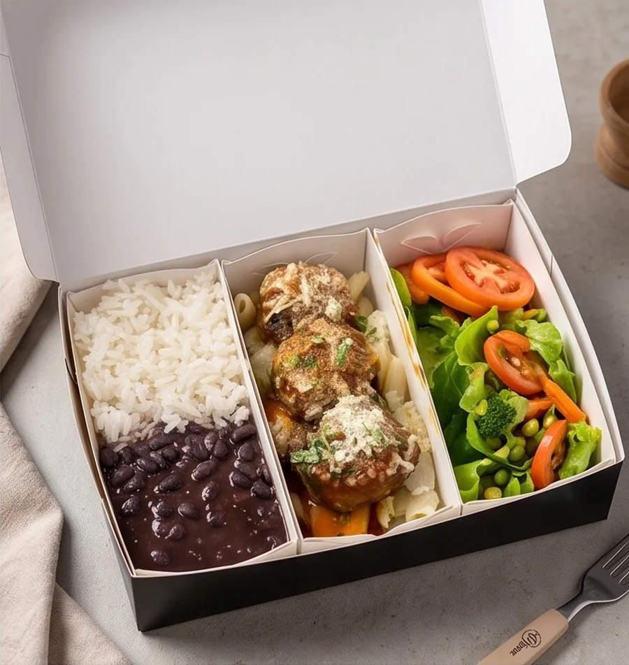 Box de três divisórias com arroz, feijão, bolinhos gratinados e salada de folhas com tomate