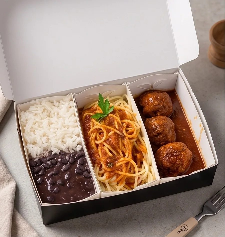 Box de três divisórias com arroz, feijão, espaguete ao sugo e almôndegas ao molho