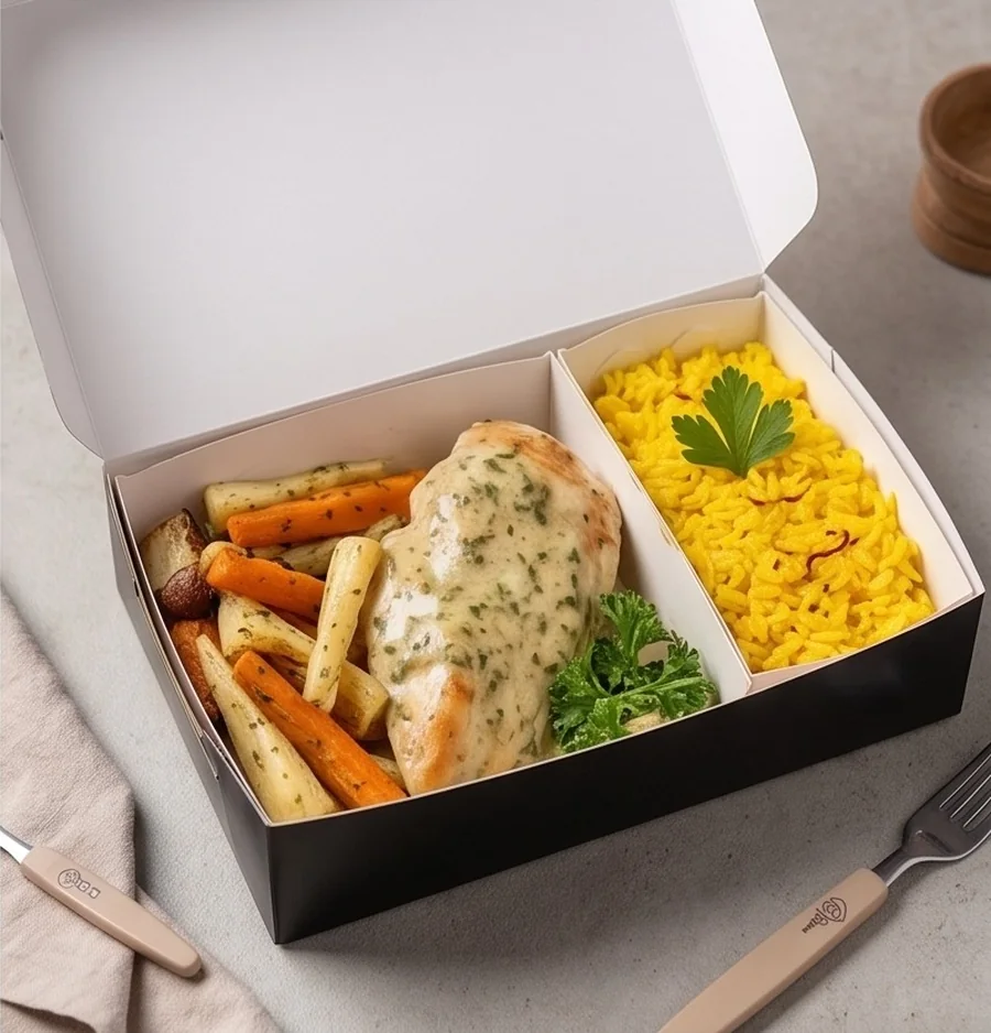 Box de duas divisórias com frango ao molho de ervas, legumes assados e arroz com açafrão