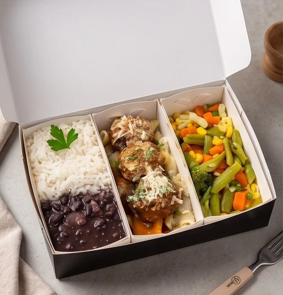 Box para refeição executiva preta de linha, sem impressão, montada com arroz, feijão, bolinhos ao molho e legumes