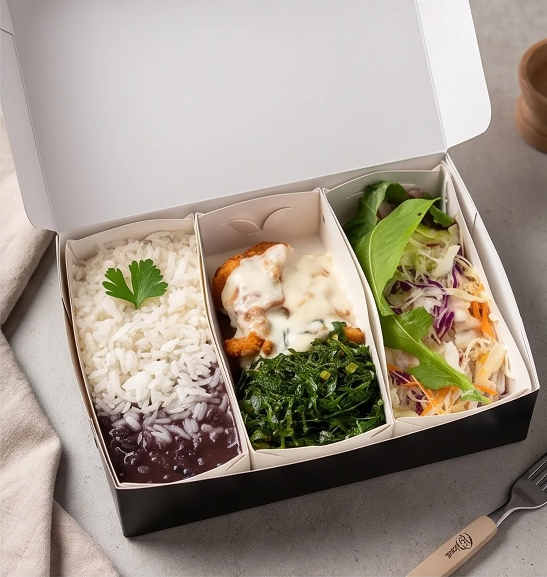 Box para refeição executiva da Pixel Embalagens com três divisórias, servindo arroz, feijão, filé à parmegiana com purê e salada de alface, tomate e brócolis