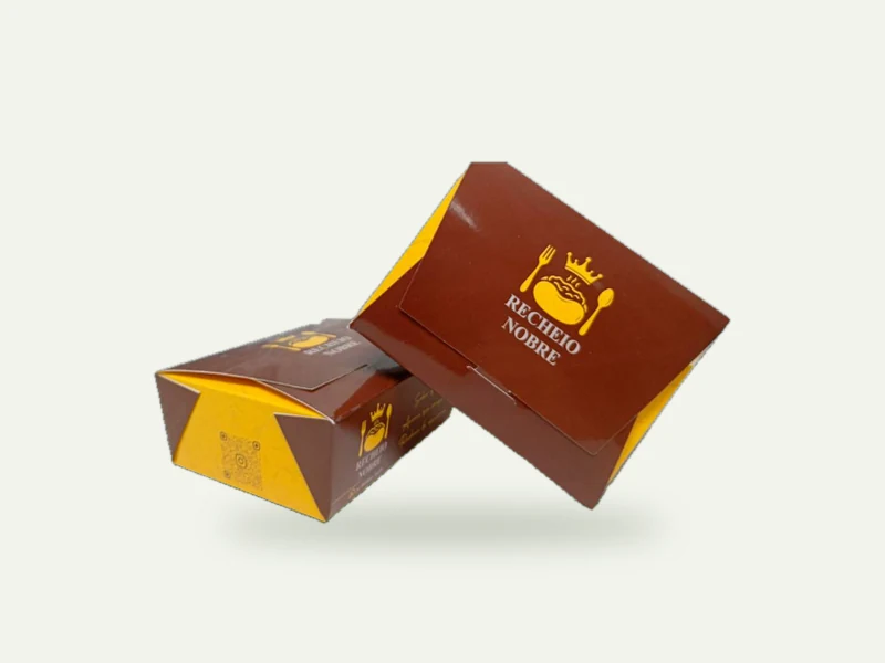 Caixa personalizada para delivery de lanches e porções, da marca Recheio Nobre