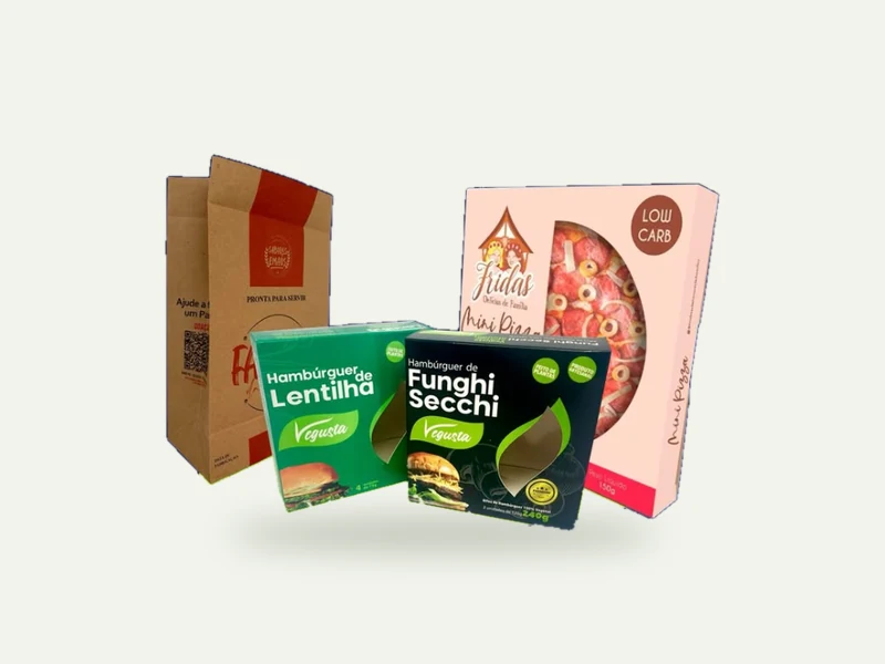 Embalagens para indústria alimentícia: caixa de pizza congelada, caixas de hambúrguer vegetal com visor e saco kraft