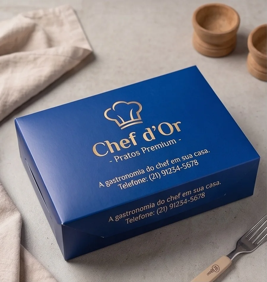 Box para refeição executiva azul com a logo Chef d'Or, slogan e telefone impressos na tampa