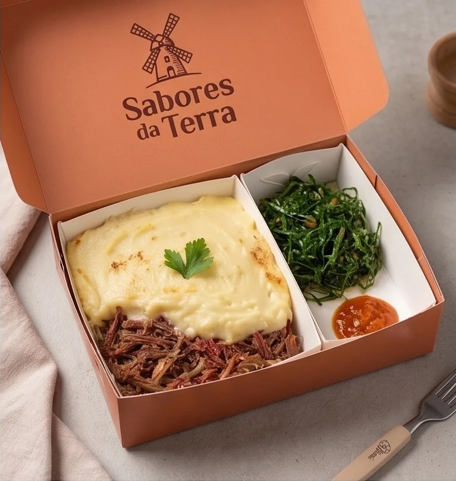 Box laranja da marca Sabores da Terra aberta, com logo e mensagem impressos por dentro da tampa, servindo escondidinho de carne seca